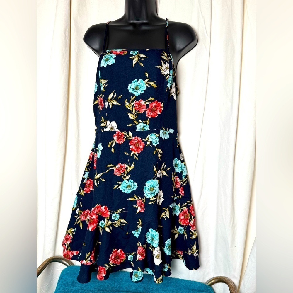 Xhilaration Navy Floral Sundress Spaghetti Strap Short Ruched Back Size M